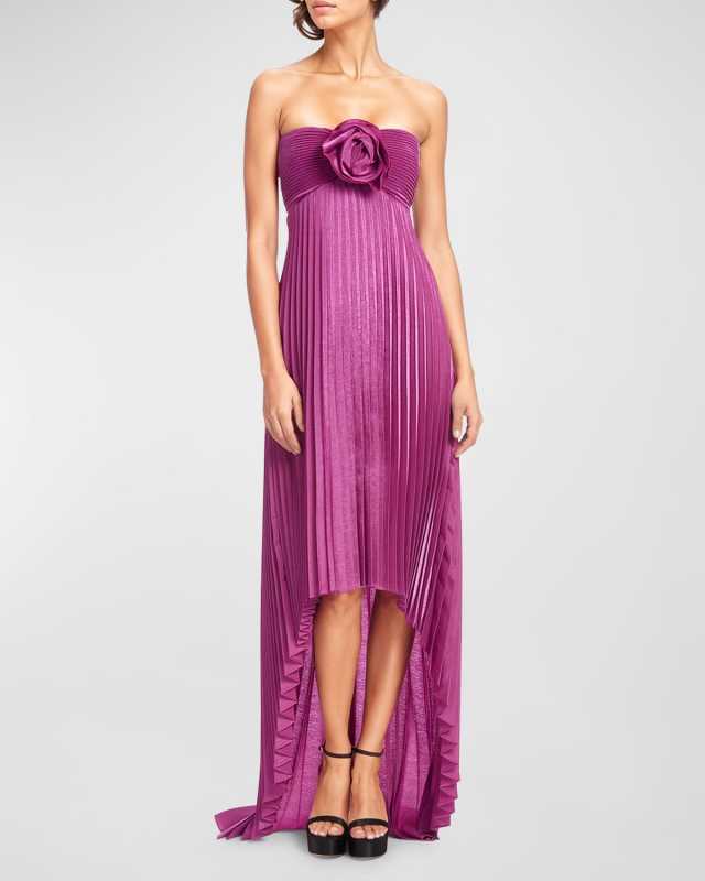 Flower Strapless Empire-Waist Pleated High-Low Dress